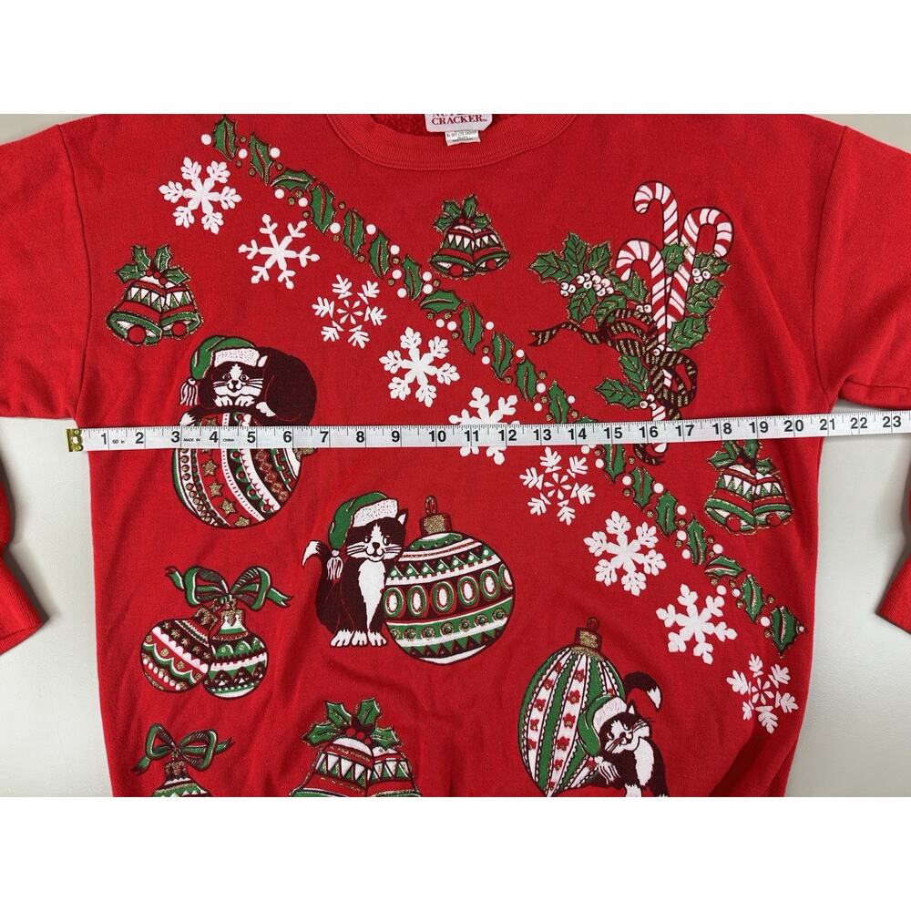 Vintage NutCracker Ugly Christmas Sweater M Red Cats Ornaments Glitter USA Made - Picture 7 of 9